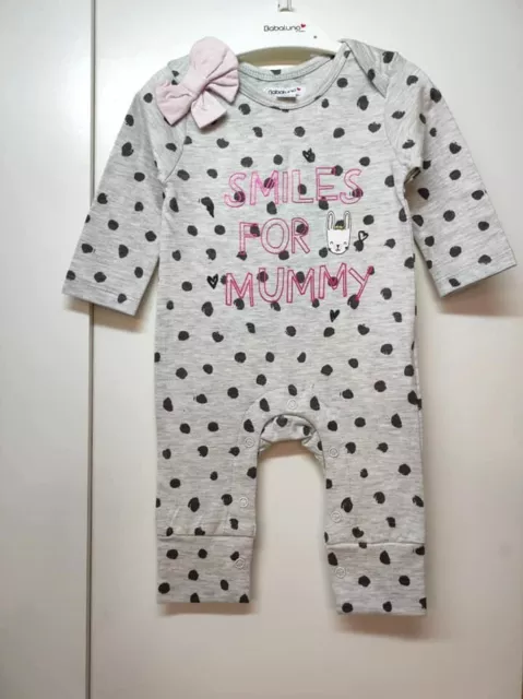 Combinaison manche longue gris pois noir tête lapin noeud rose bébé 3-6 mois