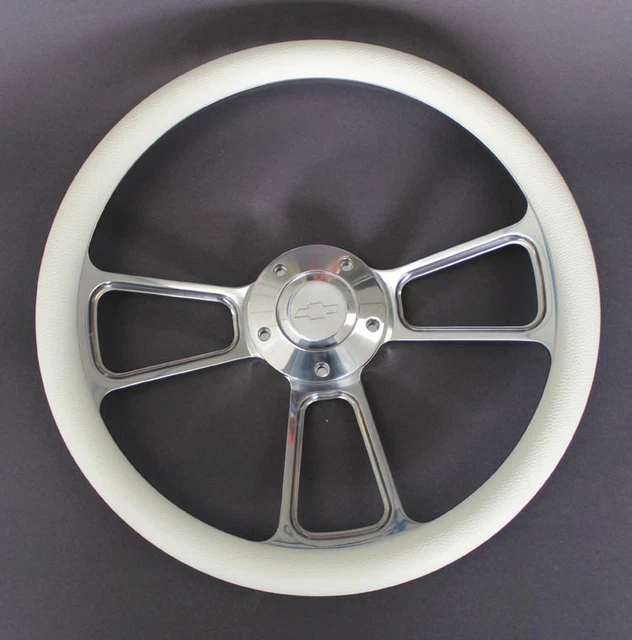 55 56 Chevy Bel Air White and Billet Steering Wheel 14" Chevy Bowtie Center Cap
