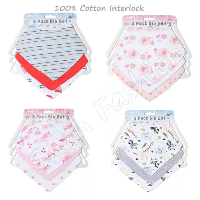 Pack Of 3 Bandana Bibs Cute Baby Boys Girls Bandana Feeding Bib 100% Cotton UK