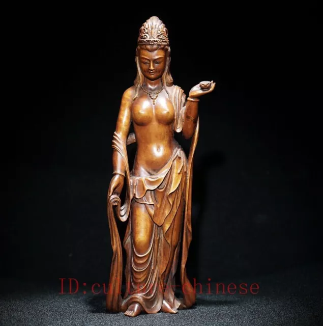 H 8.8in Old Chinese Boxwood Hand Carved Buddhism Guanyin Kwan-yin Goddess Statue
