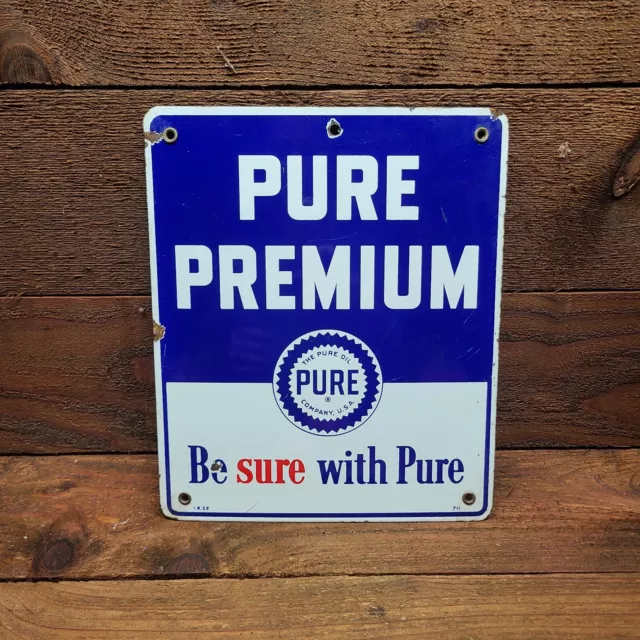 Rare  PURE PREMIUM GASOLINE MOTOR OIL 12” PORCELAIN GAS PUMP PLATE SIGN I.R.52