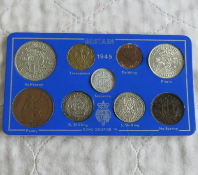 1945 KING GEORGE VI 9 COIN YEAR SET WITH SILVER - on dated card