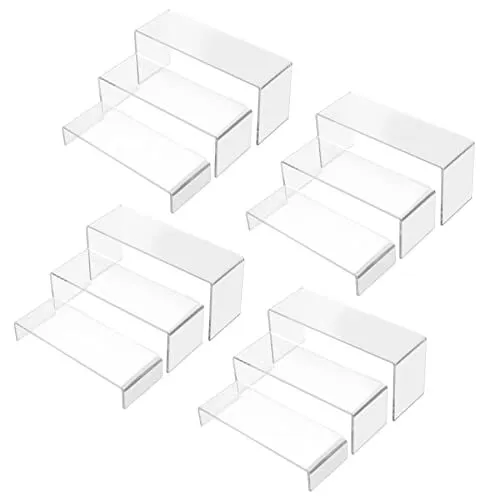12 Pcs Clear Acrylic Display Shelves Riser, 3 Tiers 4mm Thick Transparent