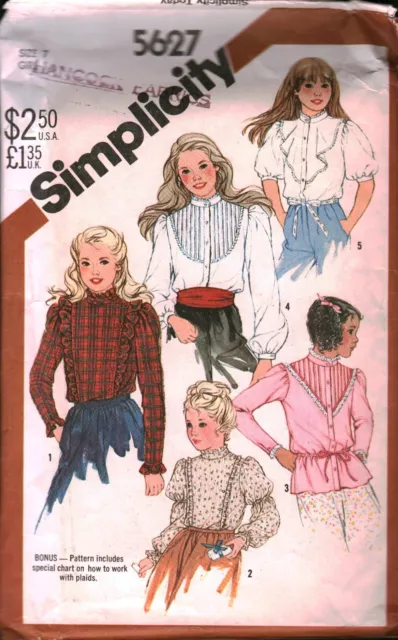 5627 Vintage Simplicity Sewing Pattern Girls Set of Button Front Blouses 1980s 7