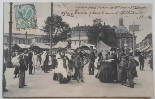 Cartolina Torino Piazza Emanuele Filiberto il mercato
