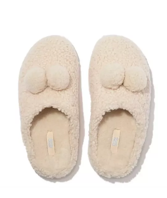 FitFlop Womens Slippers Pompom Cosy Clogs - Ivory - UK 6 - Brand New With Box