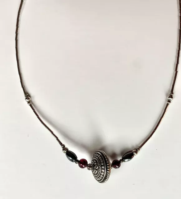 Liquid Sterling Silver 925 Hematite and Garnet Necklace Beaded 17” 1mm 7.49grams