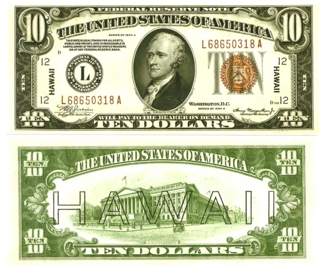 r Paper Reproduction -   Hawaii 10 Dollars 1934 Pick #40  1840R