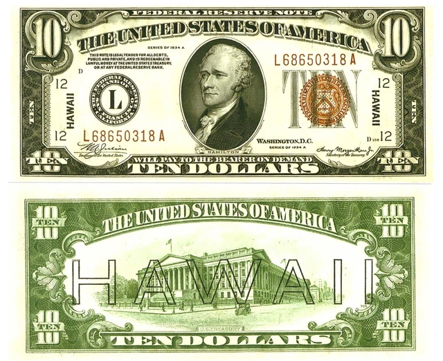 r Paper Reproduction -   Hawaii 10 Dollars 1934 Pick #40  1840R