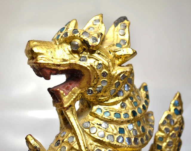 Early 20thC Burmese Gilt Wood Guardian Lion /Foo Dog "Chinthe" -Thayo Decoration 5
