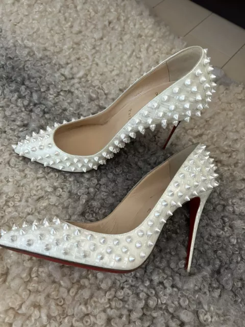 Christian Louboutin Follies Spikes 100 Spike Patent White Coquillage Heels 38.5 2