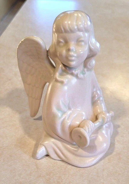 Vintage Holland Mold Ceramic Sitting Girl Angel Holding Trumpet Figure-White