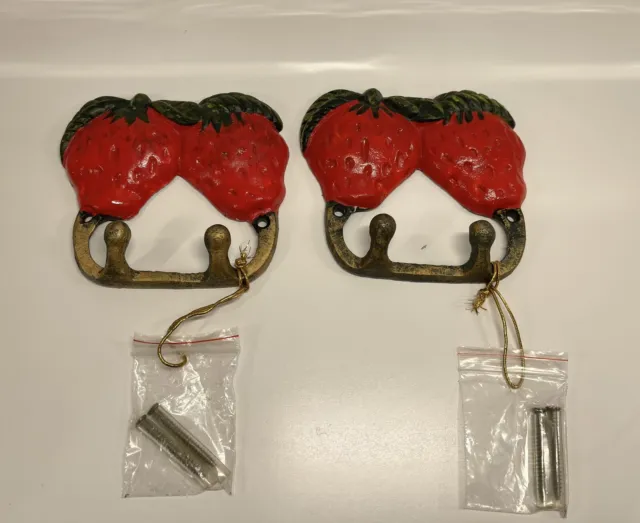 Vintage Set Strawberry Painted Hooks Key Holder Kitchen Potholder Hook Cast Iron