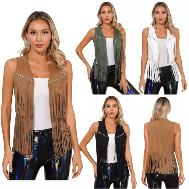 Womens Faux Suede Tassel Vest Fashion Rivets Fringe Waistcoat Open Front Jacket