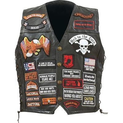 Diamond Plate™ Rock Design Genuine Buffalo Leather Biker Vest with 42 Patches