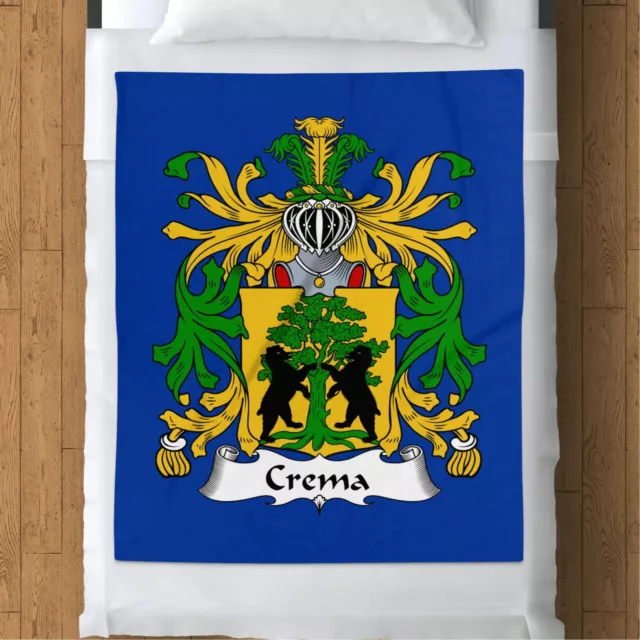 Crema Family Crest Luxurious Fleece Blanket, Royal Blue Heraldic Design