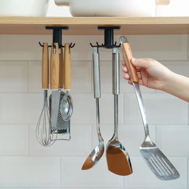 Wall-mounted Utensils Hanger Rotatable Rack with 6 Removable Hooks For Kitchen