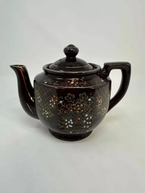 Vintage Brown Betty Redware Teapot Made in Japan Moriage Enamel Hand Painted