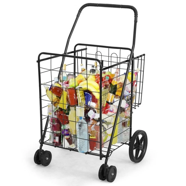 Folding Shopping Cart Dual Storage Basket Grocery Laundry W/ Swivel Wheel Black