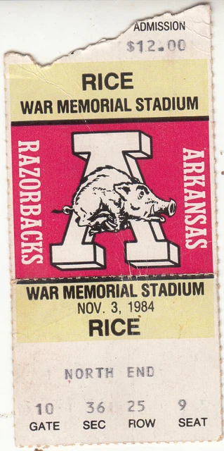 1984 ARKANSAS RAZORBACKS v RICE OWLS Game Used Ticket Stub -War Memorial Stadium
