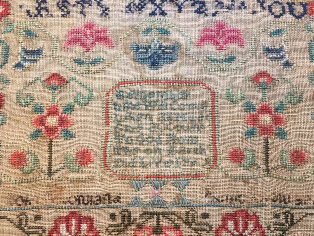 Antique Folk Art Textile Needlework Sampler Mounted on Board - VERY OLD AS IS