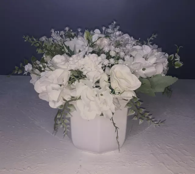 Artificial Roses Gypsophilas & Hydrangeas Arranged In A White Ceramic Pot Vase