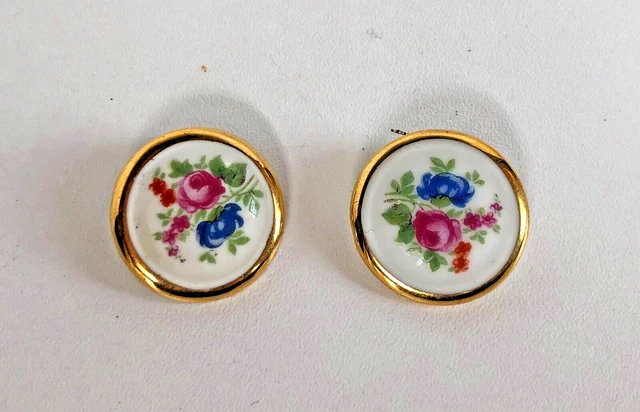 2 boutons peinture émaillée à la main sur porcelaine - Décor floral et dorure