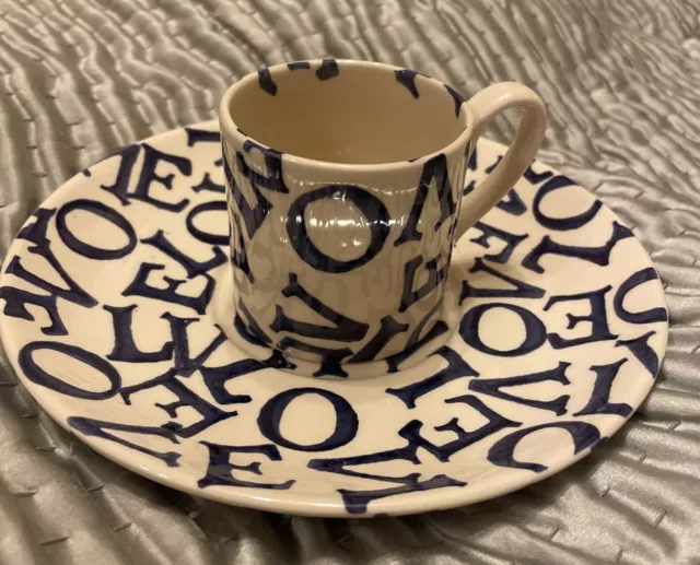 EMMA BRIDGEWATER Spongeware Blue LOVE Letters Coffee Cup & Saucer Valentine Day