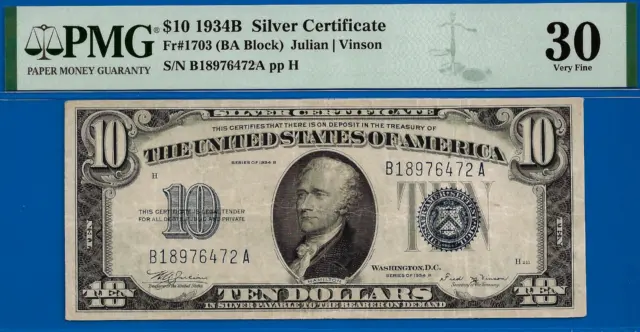 1934B $10 Silver Certificate PMG 30 unique and hard to find Key Note Fr 1703