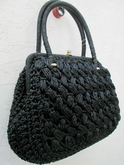 Sac à Main Vintage Type Soirée - Noir - Matière Synthétique Type Paille - Occasion En Bon état