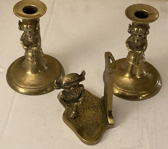 Pair of Antique Grotesque Gargoyle Brass Candlesticks 19th century & Holder