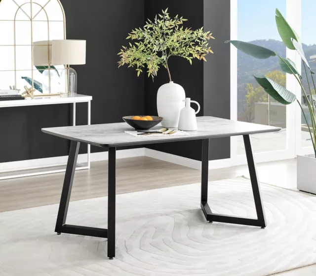 Carson White Rectangular Dining Table, Marble Effect with Black Legs - 160cm