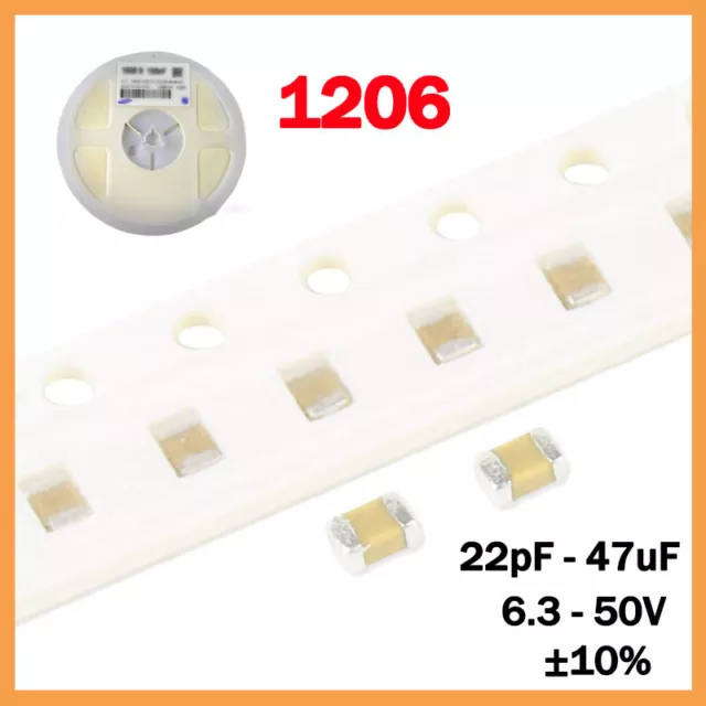 1206 SMD / SMT Capacitors 22pF - 47uF NPO, X7R 6.3-50V ±10% Tolerance Range
