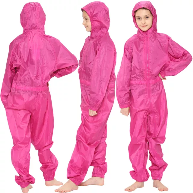 Kids Girls Boys Raincoat Pink Puddle All in One Waterproof Hooded Rainsuit 2-13Y