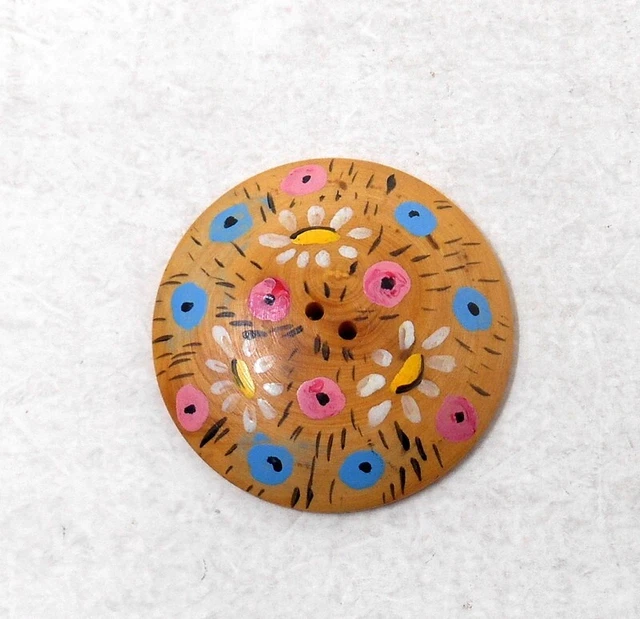 Très gros Bouton ancien - Bois décor de fleurs peint - Mercerie vintage