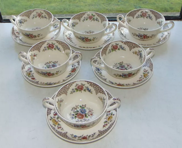 Copeland Spode Merville Pattern 6 x Soup Bowls & Stands c1950s Floral 22cm