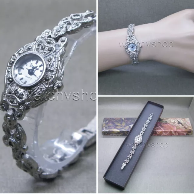 Silver Black Vintage Style Marcasite Crystal Women Jewelry Bracelet Watch LM04