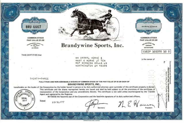 Schnapszahl: 33 Shares - Brandywine Sports Inc. Delaware, 1977 mit Pferd/Jockey