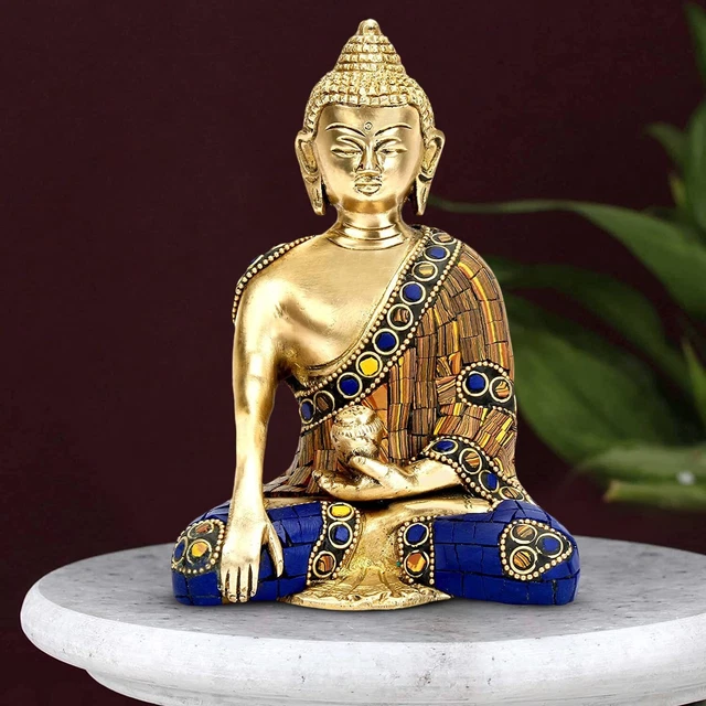Blue & Brown Gautam Buddha Statue Blessing Idol Home Decor Gift Showpiece 5"
