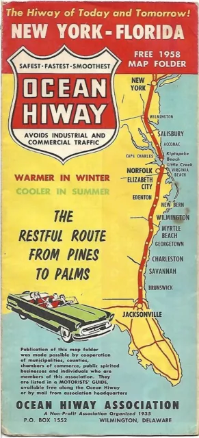 1958 OCEAN HIGHWAY Road Map Coastal Route NEW YORK to FLORIDA Chesapeake Ferry