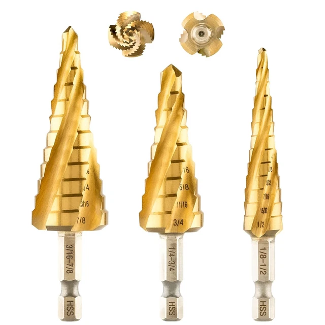 Three-Pcs Set of Four Spiral Flute Step Drill Bits - 3/16"-7/8" Titanium Unibit