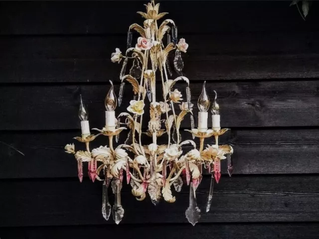 Antique white tole chandelier with porcelain roses, leaves and colorful Venetian