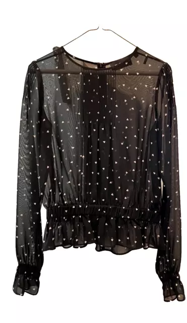 The Kooples Women Black Sheer Long-Sleeve Top Blouse Shirt SMALL WHITE HEARTS