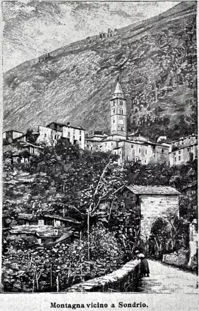 Montagna In Valtellina: panorama. Sondrio. Stampa antica + passepartout. 1895