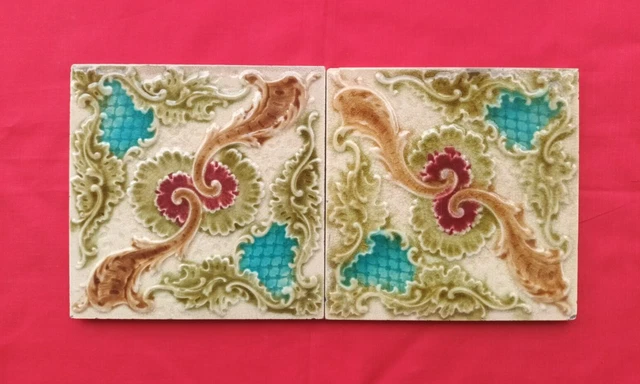 2 Piece Old Art Floral Design Embossed Majolica Ceramic Tiles England 0183