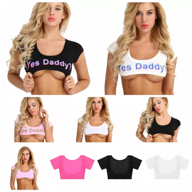 Sexy Women Transparent Mesh Crop Top T-Shirt Yes Daddy Vest Tank Top Tee  Blouse