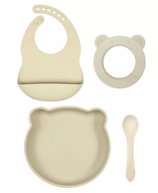 Juego de Vajilla de bebe de Silicona (Crema/Beige, Oso): Plato con ventosa,