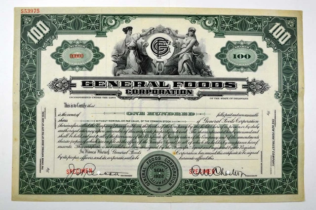 General Foods Corp. ca.1920s SPECIMEN 100 Shares Stock Certificate XF ABNC