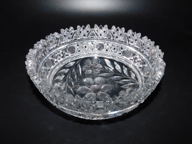 American Brilliant Period ABP Cut Crystal Glass Large Bowl w/ Flowers