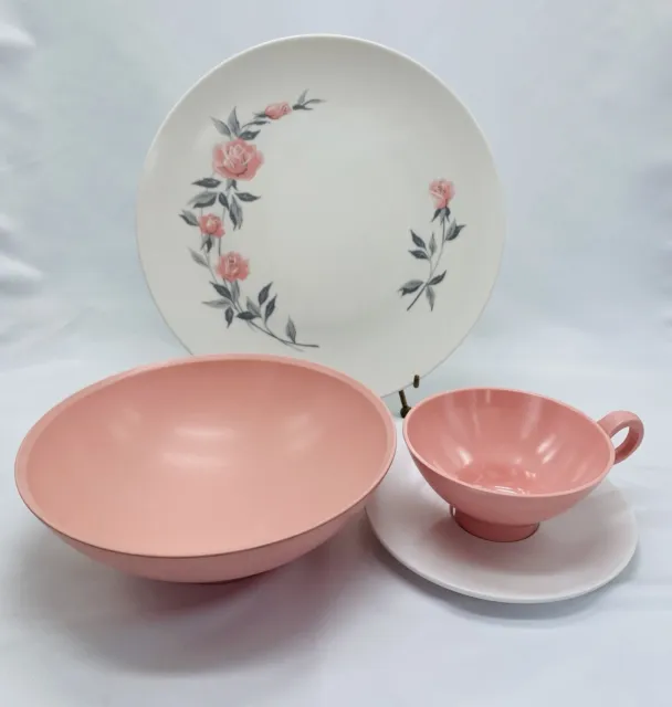 Vintage Boontonware Melmac Killarney Rose Pink Serving bowl, plate, cup, saucer